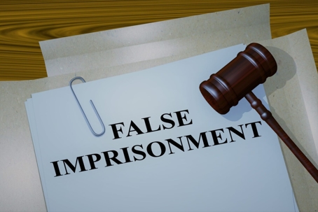 A paper that says false imprisonment and a gavel.